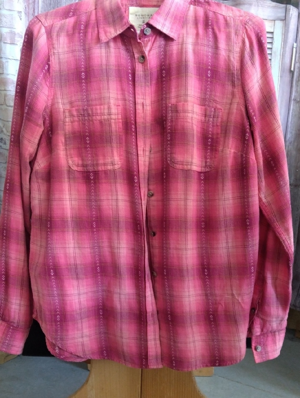 Sonoma Pink&Orange Plaid Button-Down Shirt